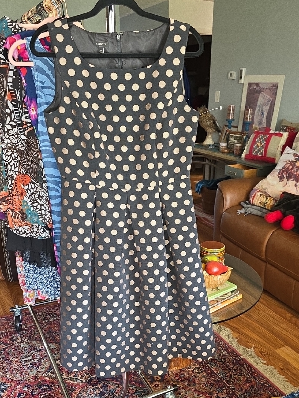 Size 6 Talbots Lined Sleeveless Black Dress with Gold Polka Dots